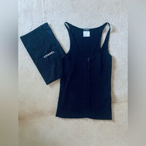 CHANEL Swarovski, Crystal, CClogo Black Ribbed Knit Sleeveless Top